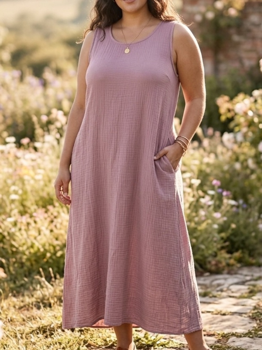 Gauze Sleeveless Midi Dress in Dusty Rose | Coastal Breezy Summer Cottagecore